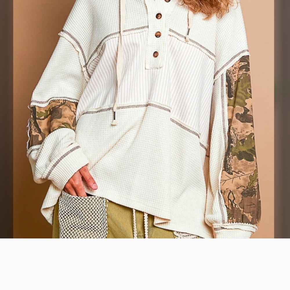 Cream and Camouflage Patchwork Hoodie